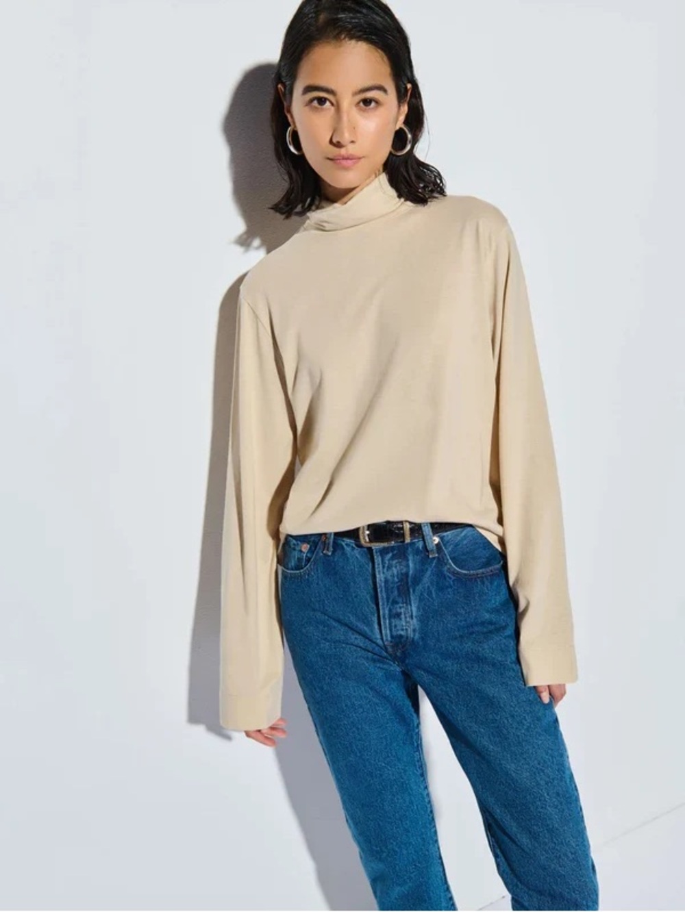 Nation LTD Neo Turtleneck Mock Top Cream NWT Small Flare Sleeve Cotton Tencel S